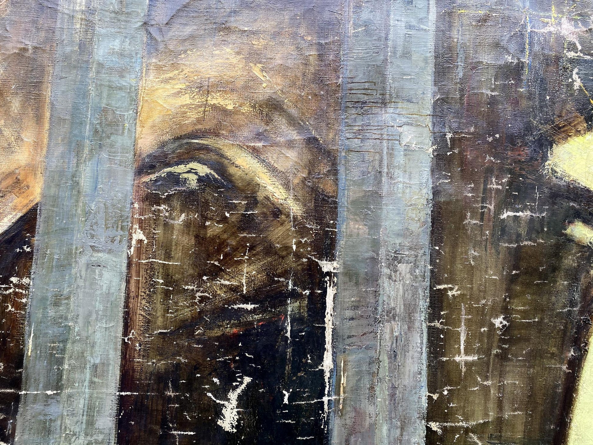 Oil painting Monument by Vladimir Vasilievich Korsun, abstract textured blues grays browns
