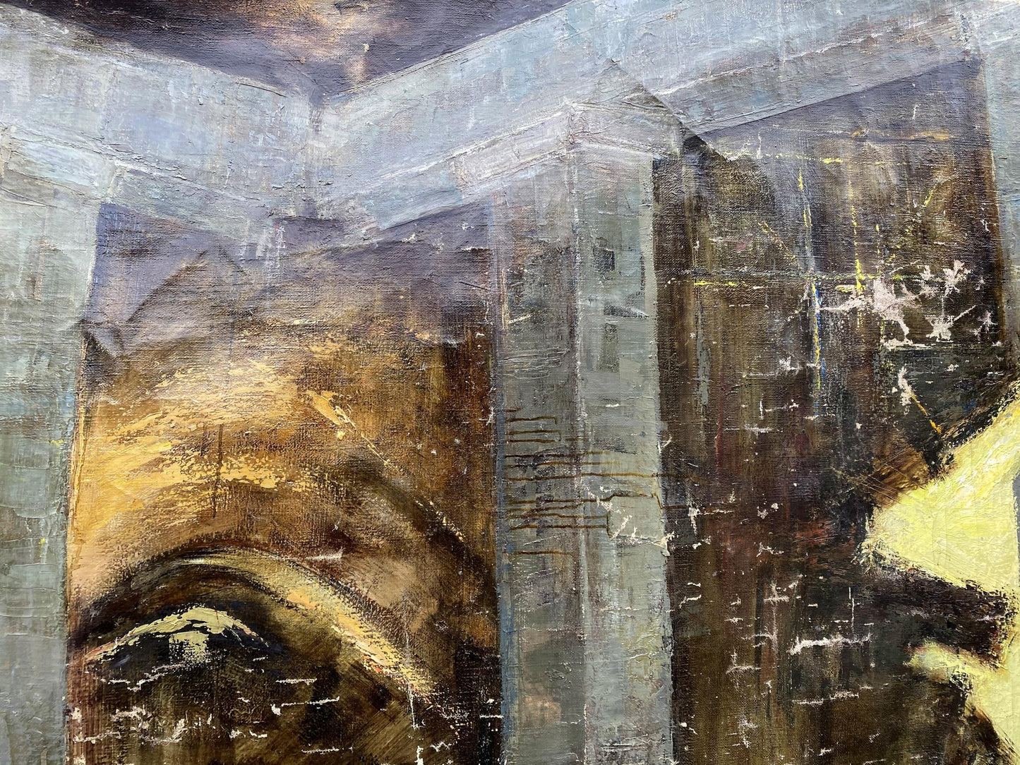 Oil painting Monument by Vladimir Vasilievich Korsun in muted golds, grays, browns