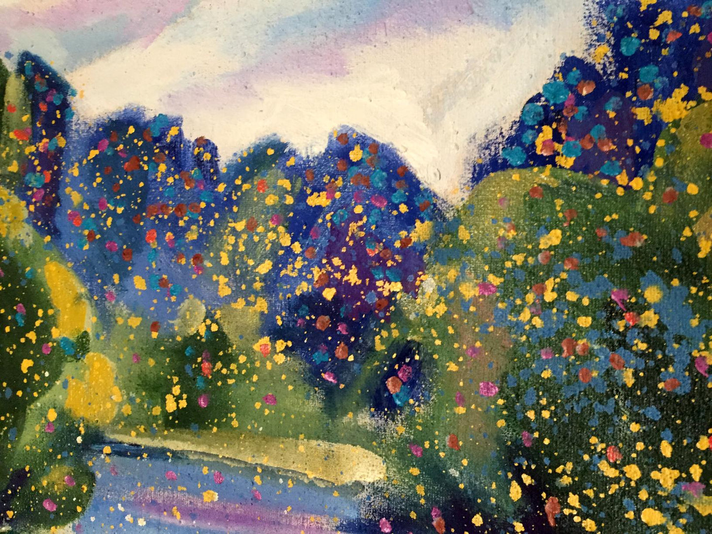 Vibrant Golose Danne oil painting by Eric Edmundovich: green hills, colorful speckles, pastel sky