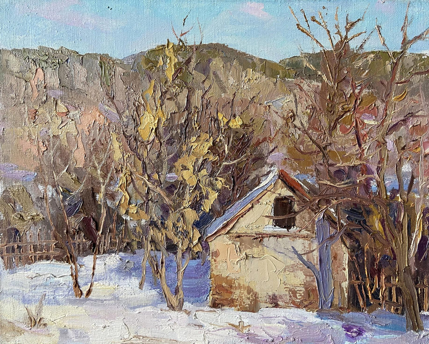 Oil painting Frost by Gaponchenko Ivan Ivanovich: rustic stone cottage in snowy woods