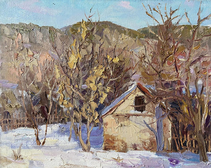 Oil painting Frost by Gaponchenko Ivan Ivanovich: rustic stone cottage in snowy woods