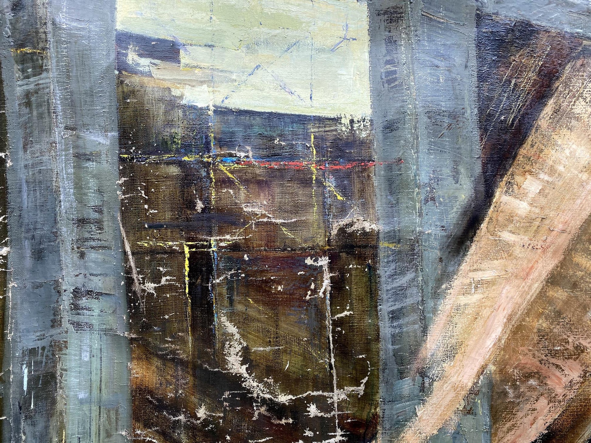 Oil painting Monument by Vladimir Vasilievich Korsun, abstract textured grays ochre