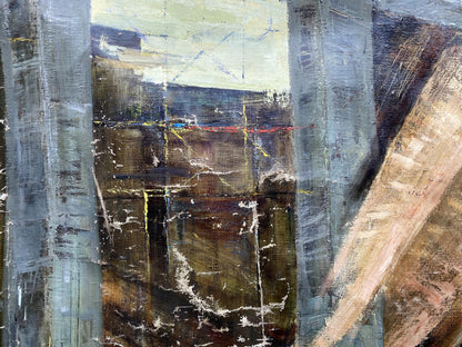 Oil painting Monument by Vladimir Vasilievich Korsun, abstract textured grays ochre