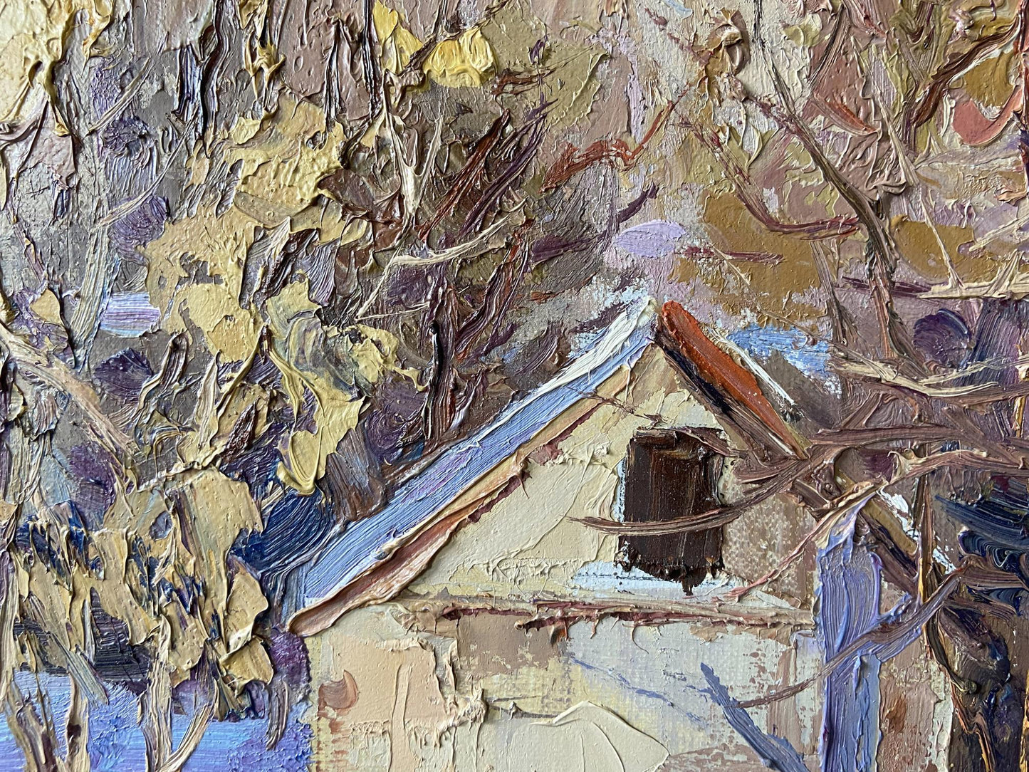 Oil painting Frost by Gaponchenko Ivan Ivanovich, textured house with blue roof