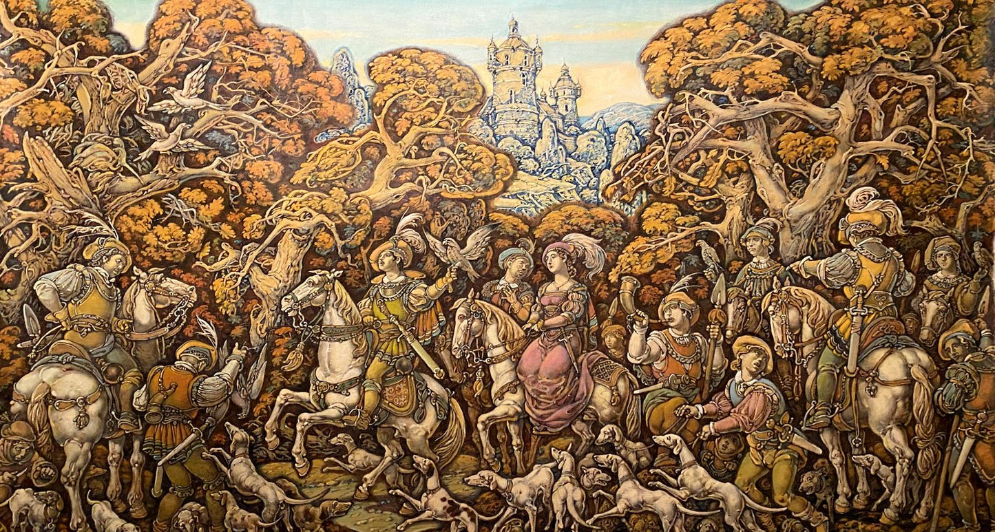 Oil painting Hunting by Litvinov Oleg Arkad’yevich: medieval hunt scene