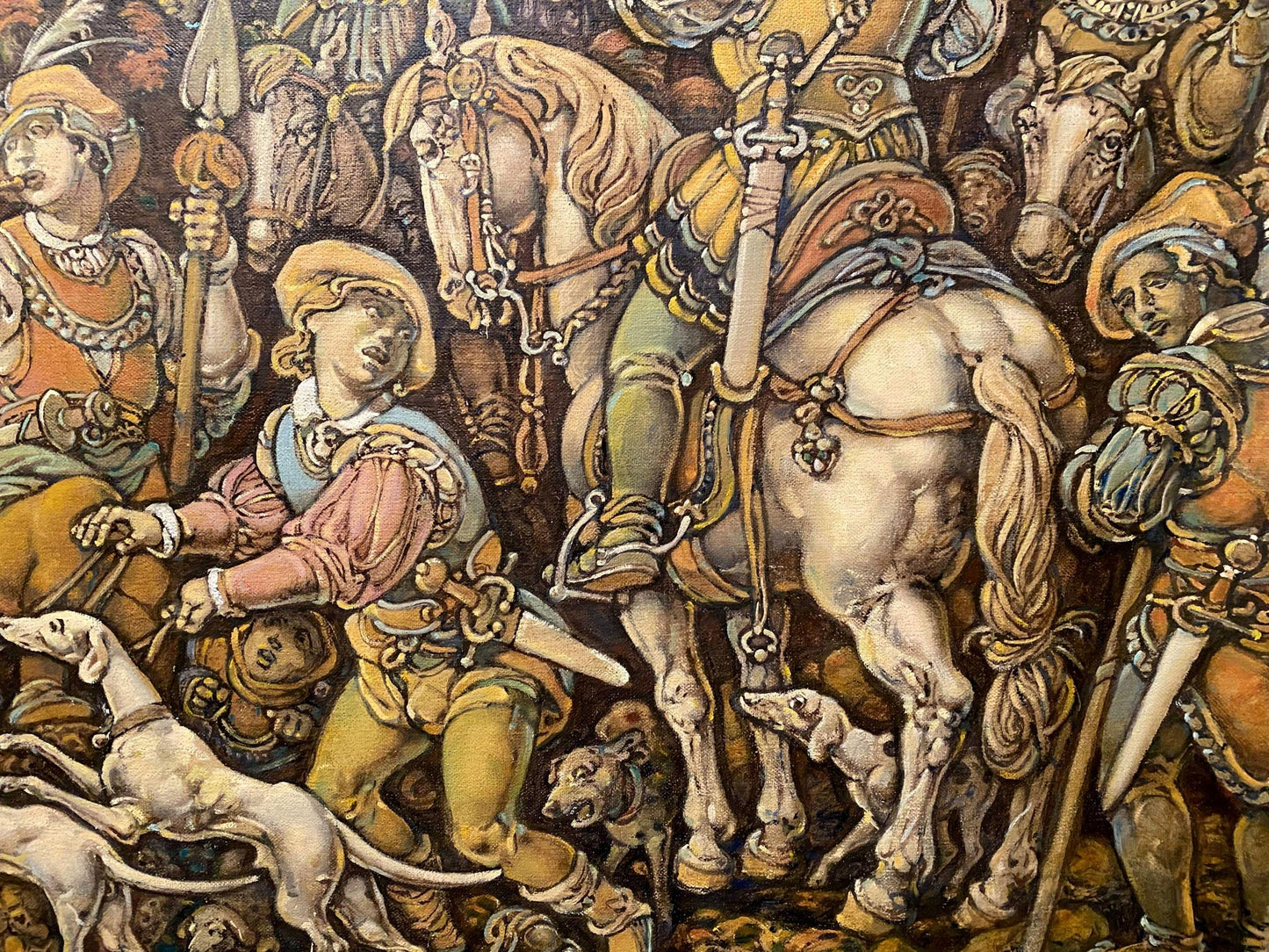 Oil painting by Litvinov Oleg Arkad’yevich: knight on white horse with hunters and dogs