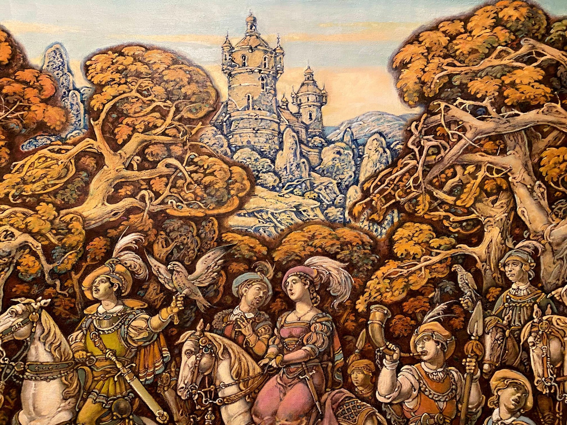 Vintage oil painting by Litvinov Oleg Arkad’yevich of medieval forest procession