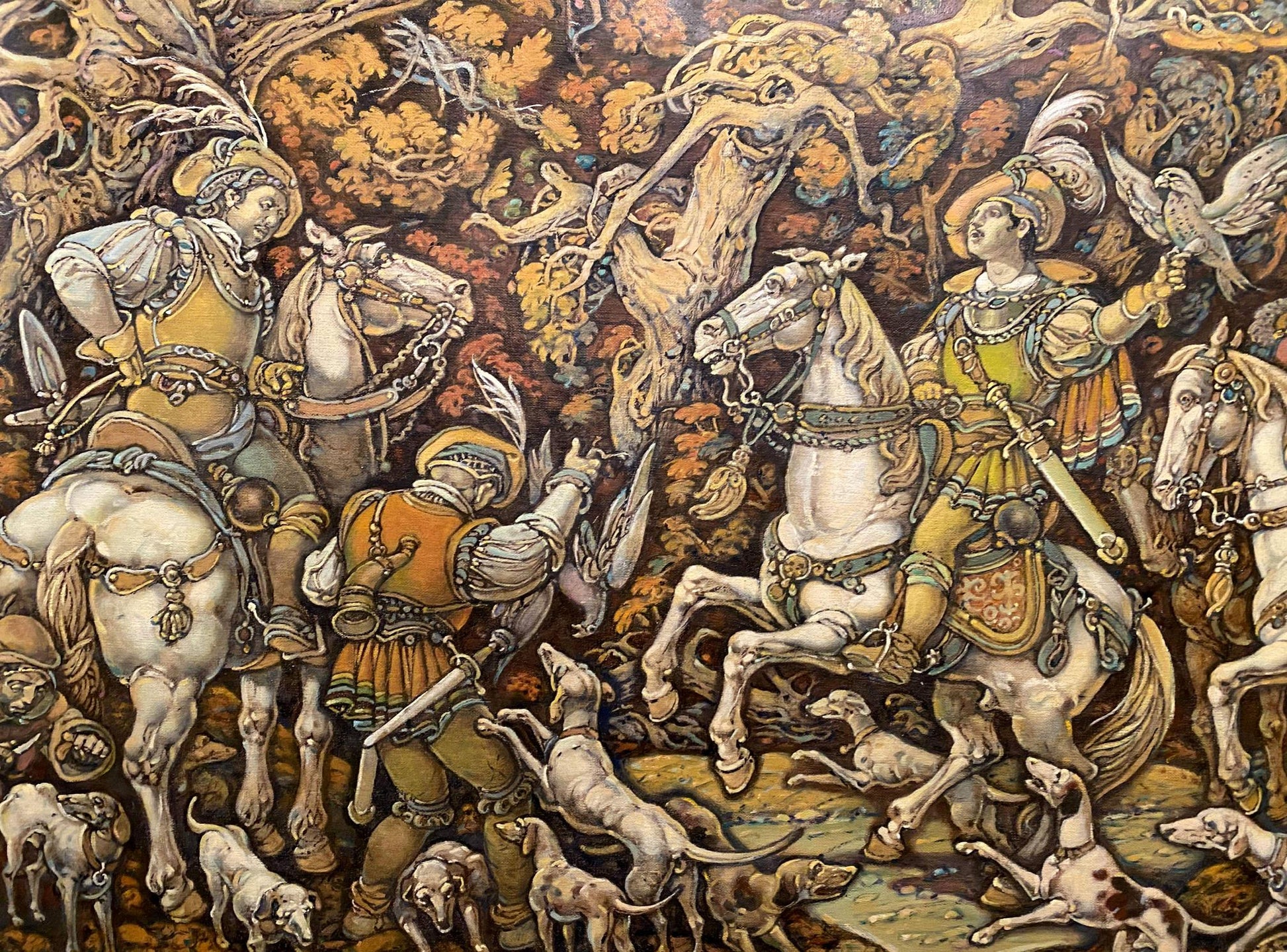 Oil painting by Litvinov Oleg Arkad’yevich: medieval knights hunting in autumn forest