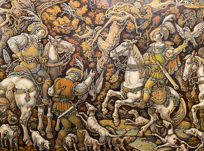 Oil painting by Litvinov Oleg Arkad’yevich: medieval knights hunting in autumn forest