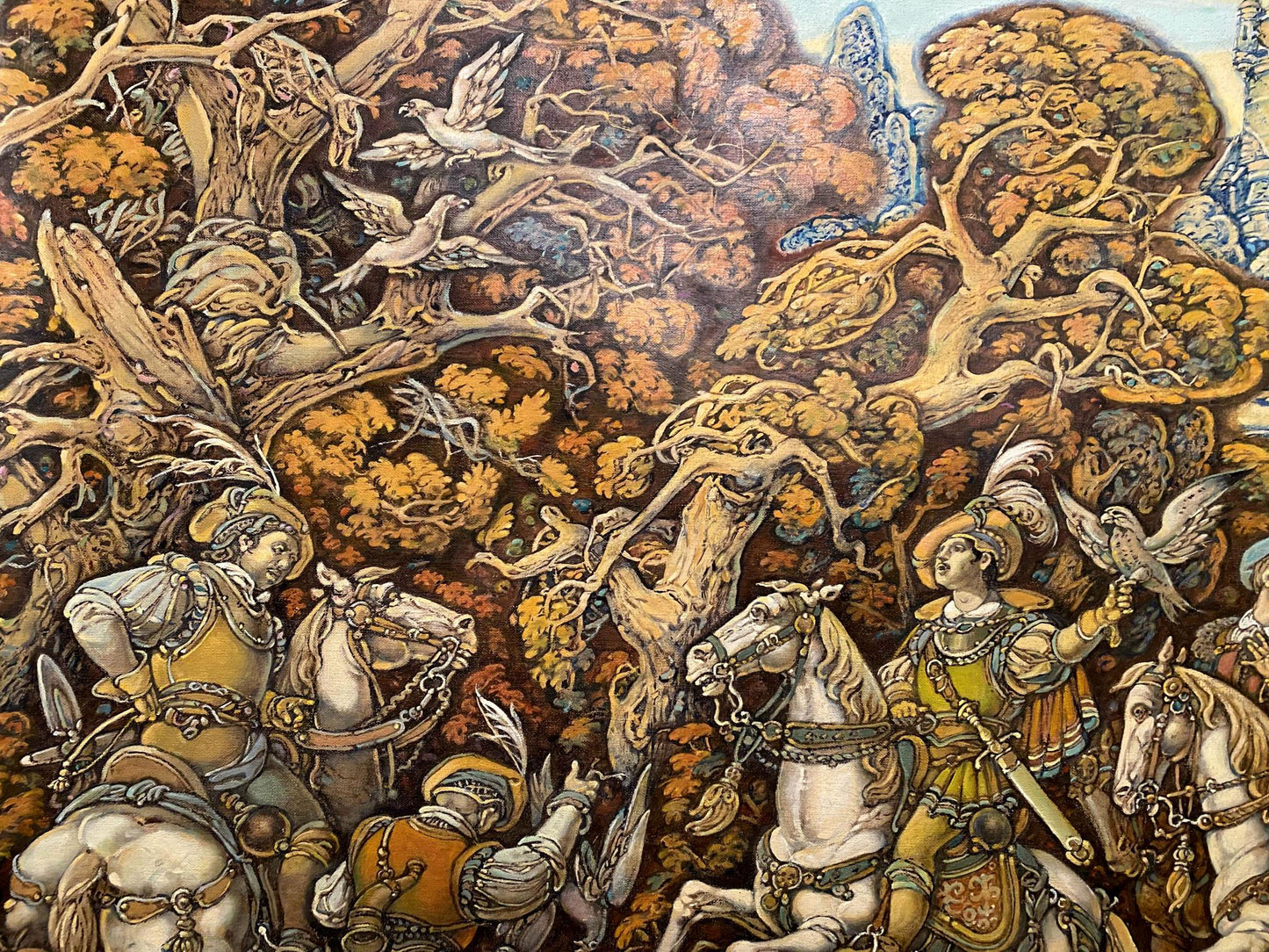 Oil painting by Litvinov Oleg Arkad’yevich: knights hunting in autumn forest