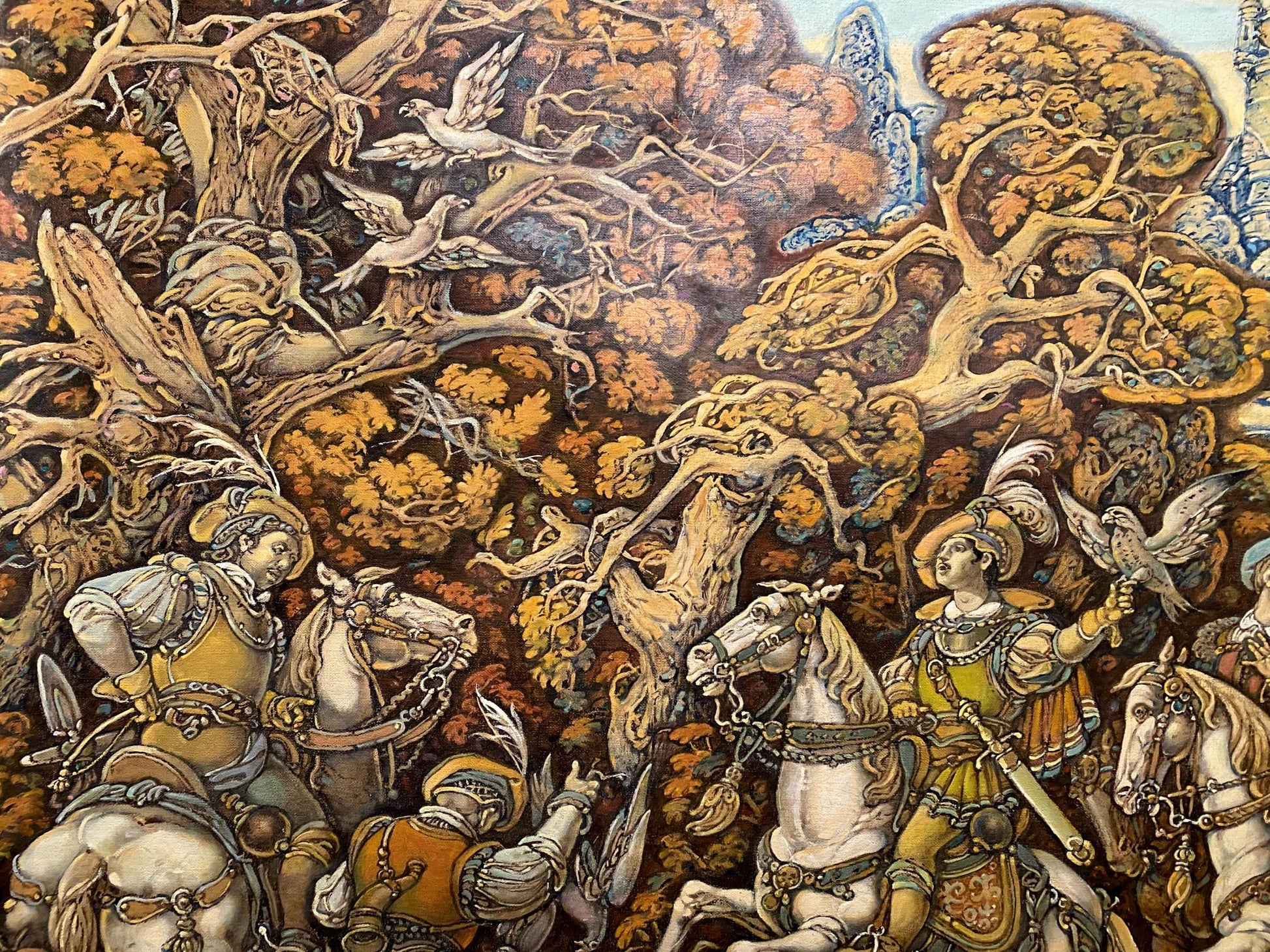 Oil painting by Litvinov Oleg Arkad’yevich: knights hunting in autumn forest