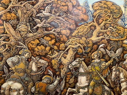 Oil painting by Litvinov Oleg Arkad’yevich: knights hunting in autumn forest