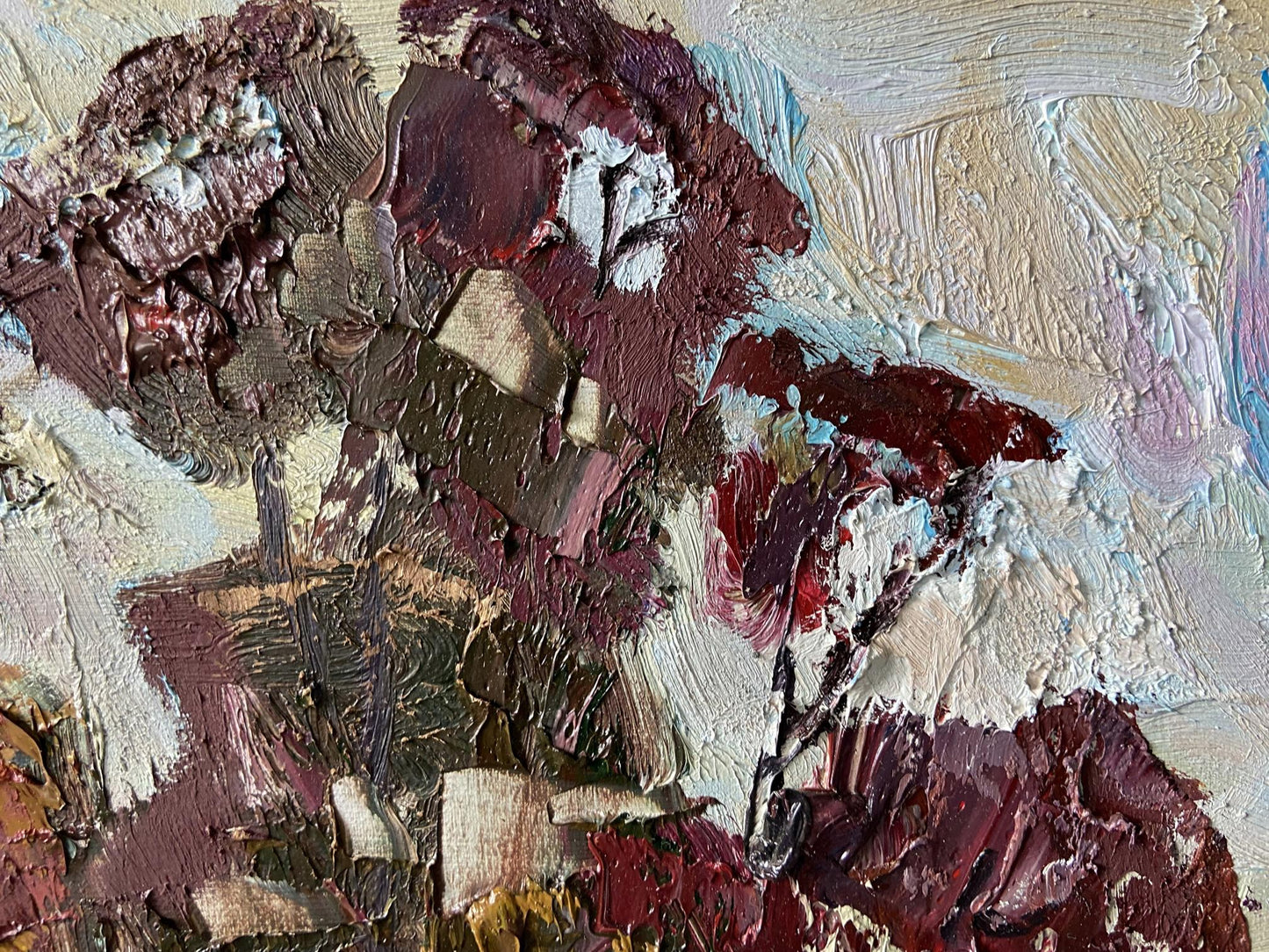 Oil painting In the Woods by Gaponchenko Ivan Ivanovich with burgundy flowers