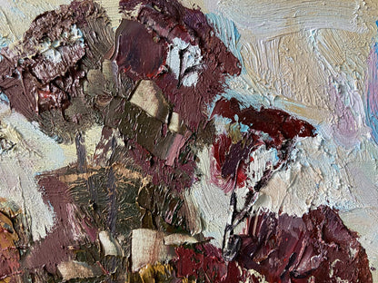 Oil painting In the Woods by Gaponchenko Ivan Ivanovich with burgundy flowers
