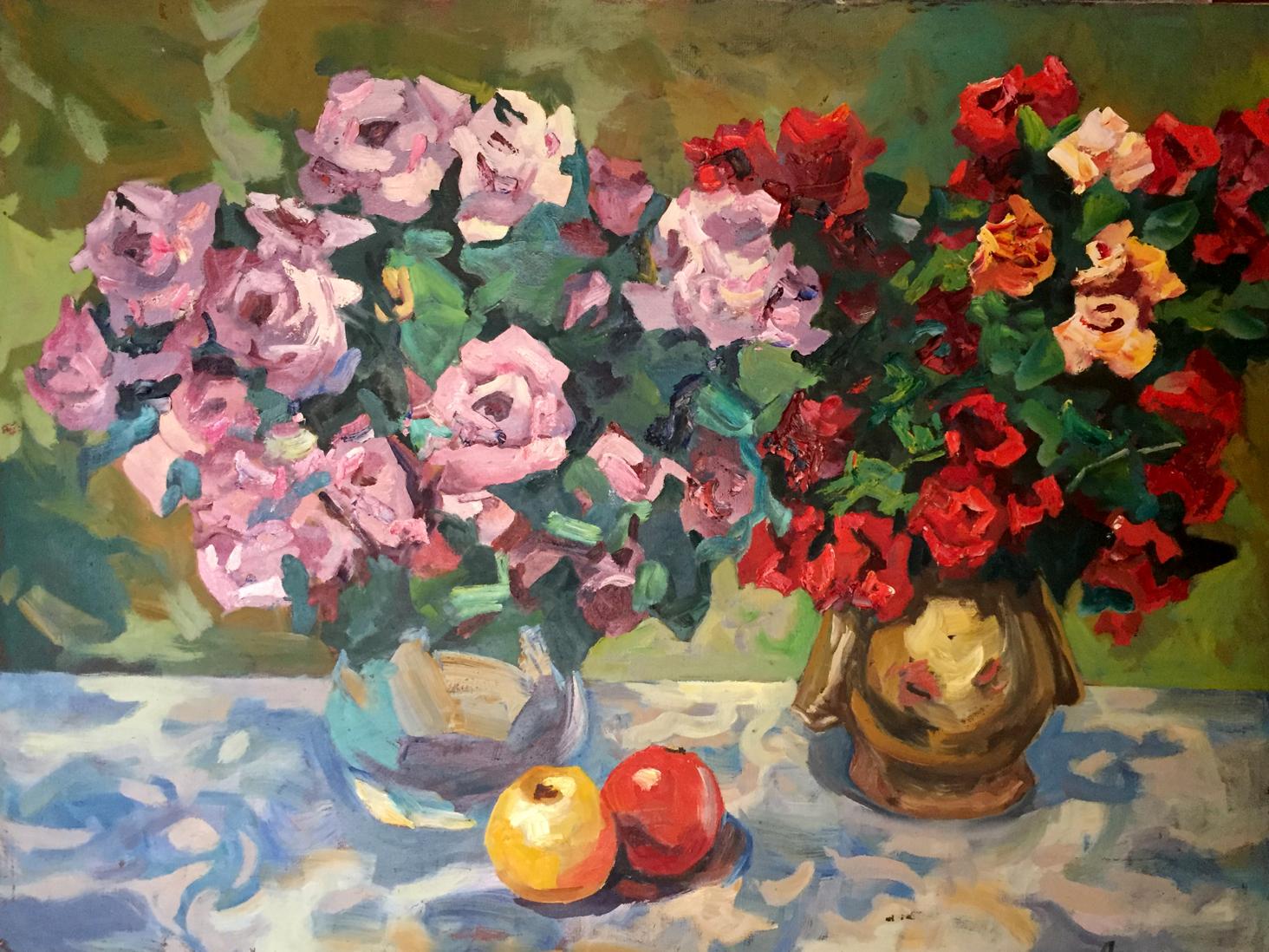 Oil painting Still life Zinaida Arsenieva with roses in vase and bowl