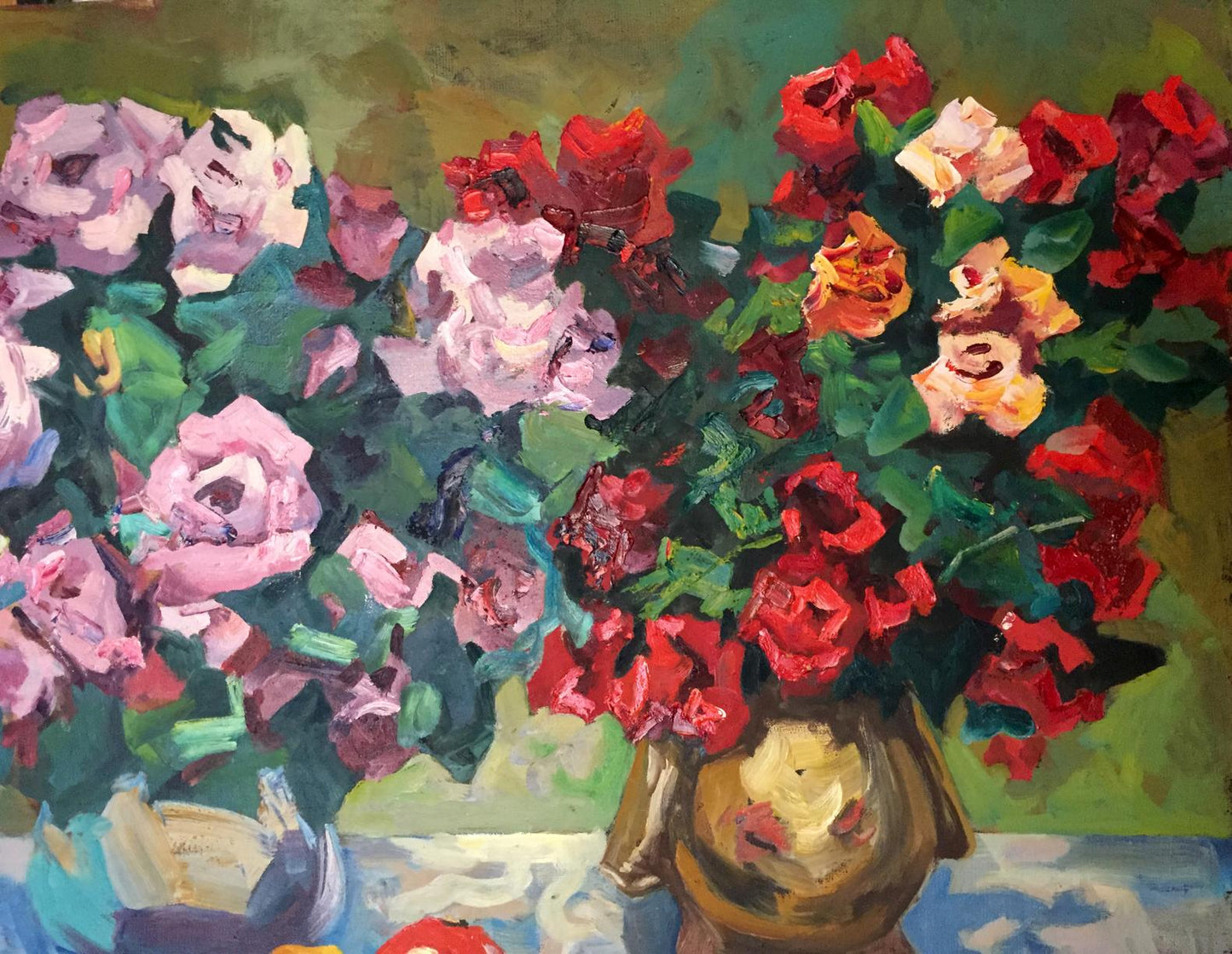 Vibrant impressionistic oil painting of lush bouquet in golden vase by Zinaida Arsenieva