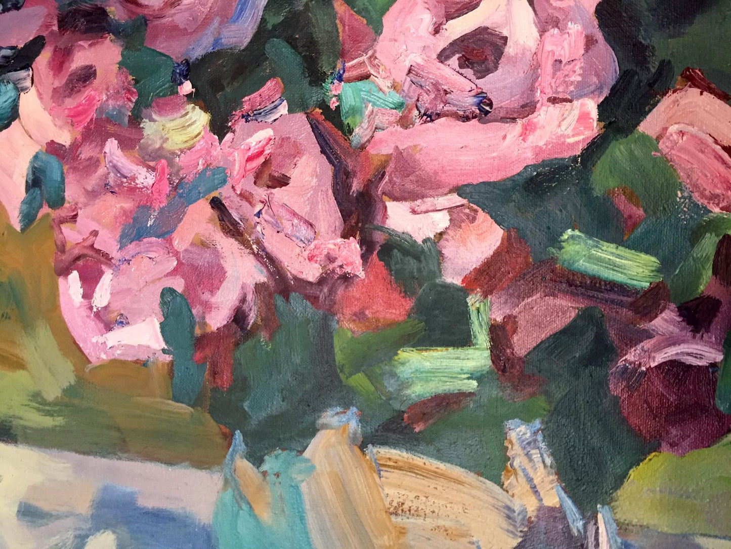 Vibrant impressionist oil painting of pink roses by Zinaida Arsenieva