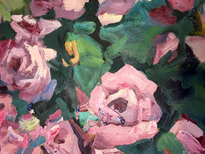 Vibrant impressionist oil painting Still life Zinaida Arsenieva with pink roses