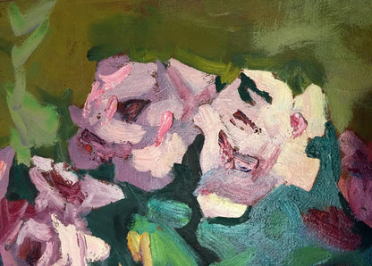 Vibrant impressionist oil painting of pink purple roses by Zinaida Arsenieva