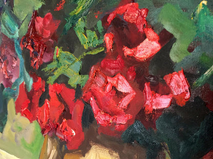 Oil painting Still life Zinaida Arsenieva with vibrant red roses