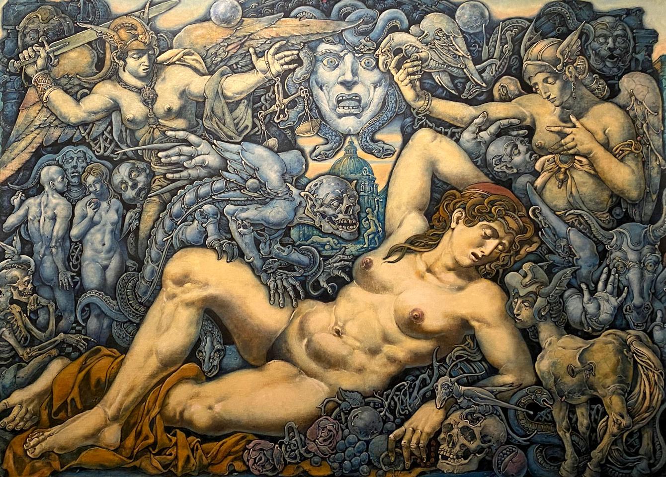 Oil painting Dream by Litvinov Oleg Arkad’yevich: nude golden figure with serpents