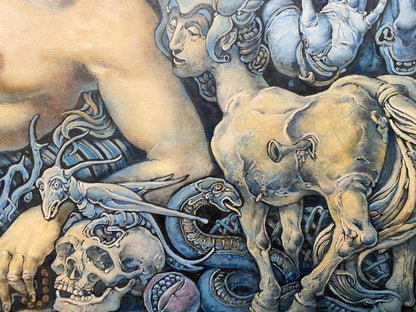 Oil painting Dream by Litvinov Oleg Arkad’yevich with surreal muscular figure and mythical creatures