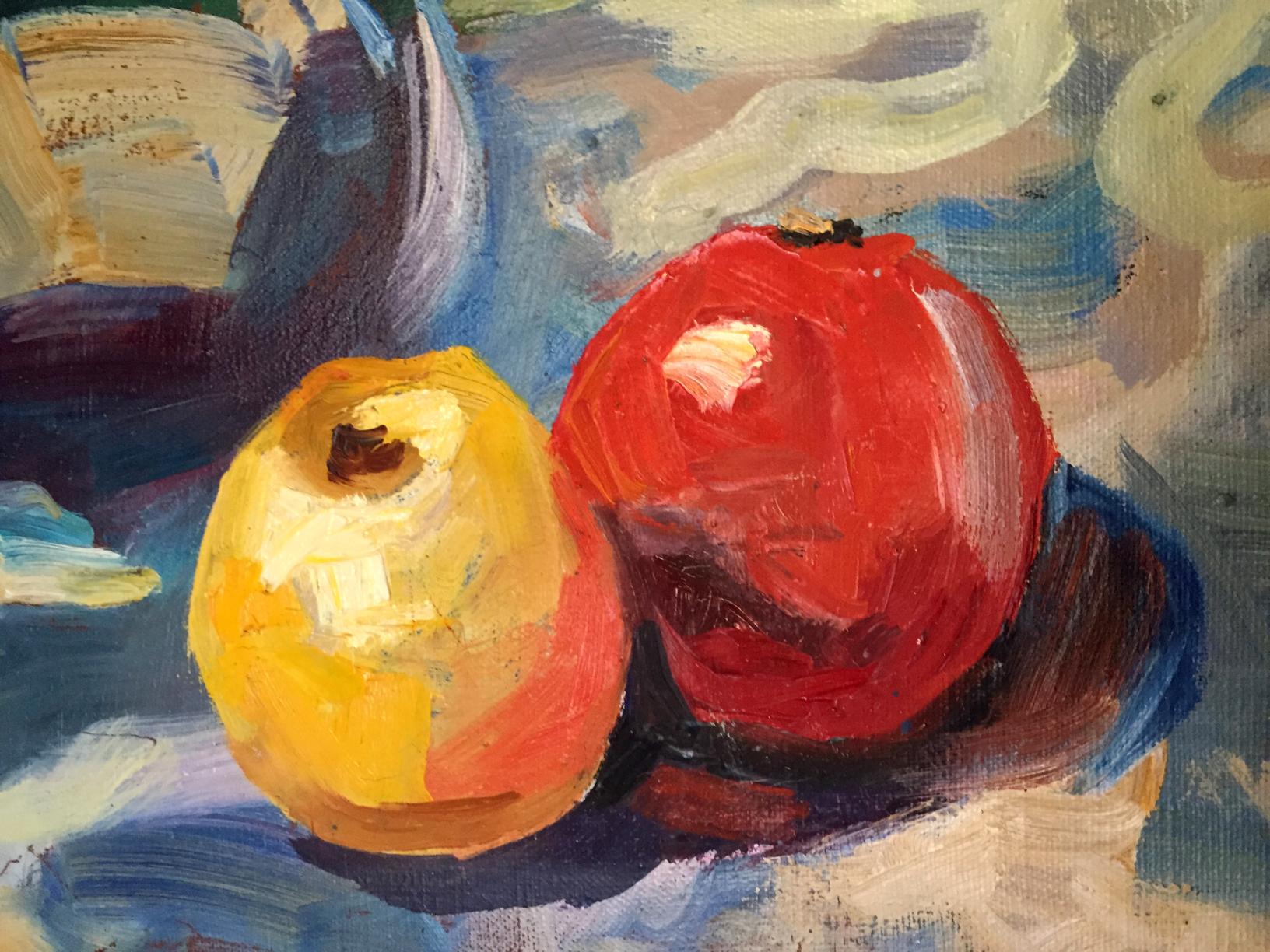 Oil painting Still life Zinaida Arsenieva: red apple and yellowish-orange fruit