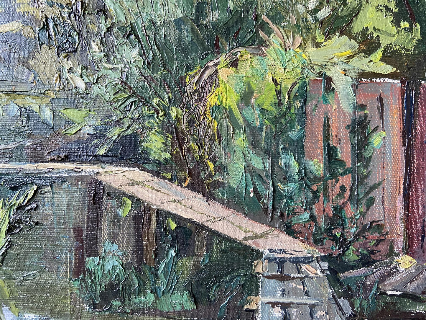 Oil painting Over the Lake by Gaponchenko Ivan Ivanovich with rustic bridge