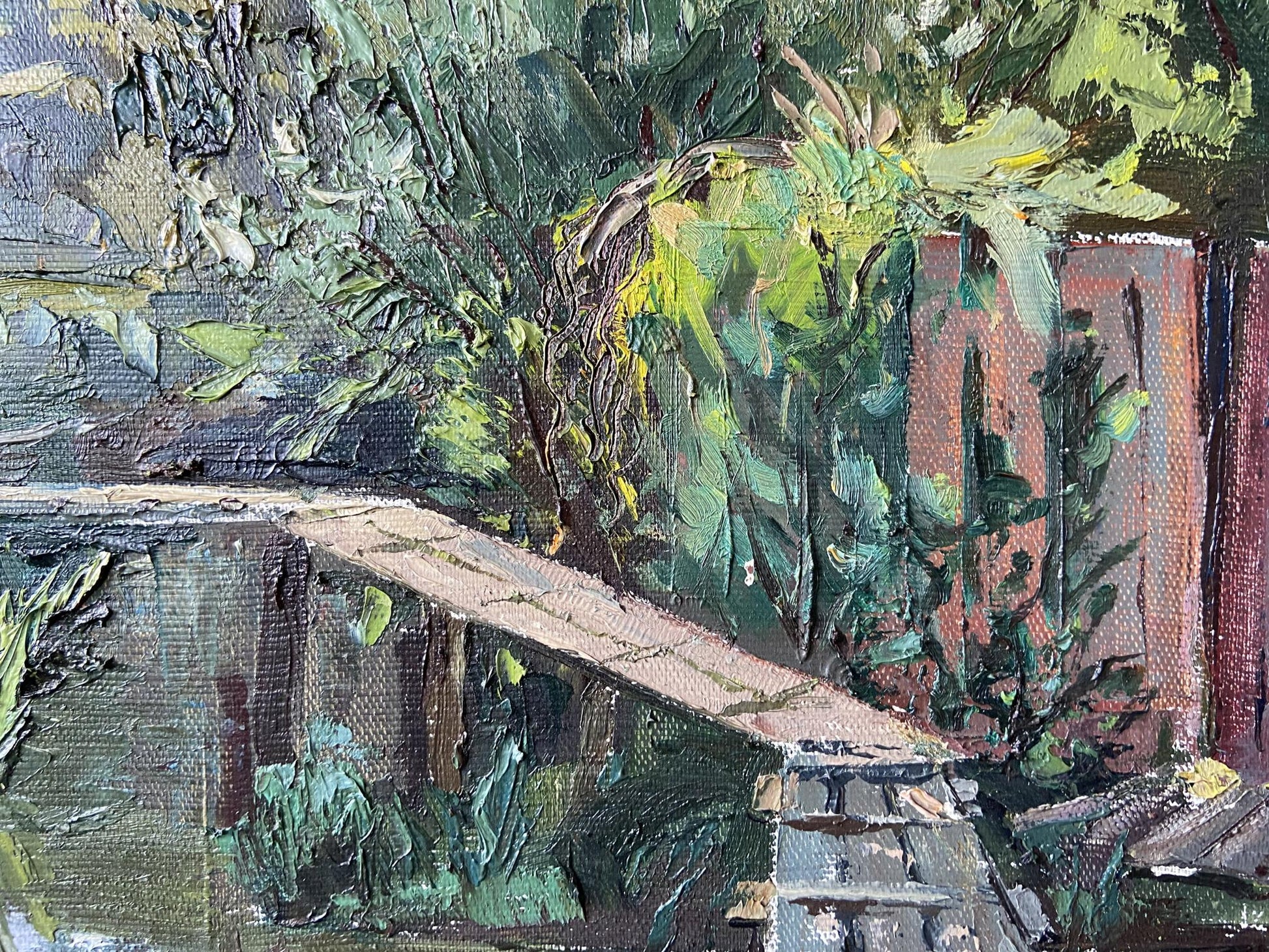 Oil painting Over the Lake by Gaponchenko Ivan Ivanovich with rustic bridge
