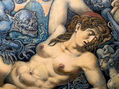 Oil painting by Litvinov Oleg Arkad’yevich: reclining nude woman with wavy brown hair amid blue demons