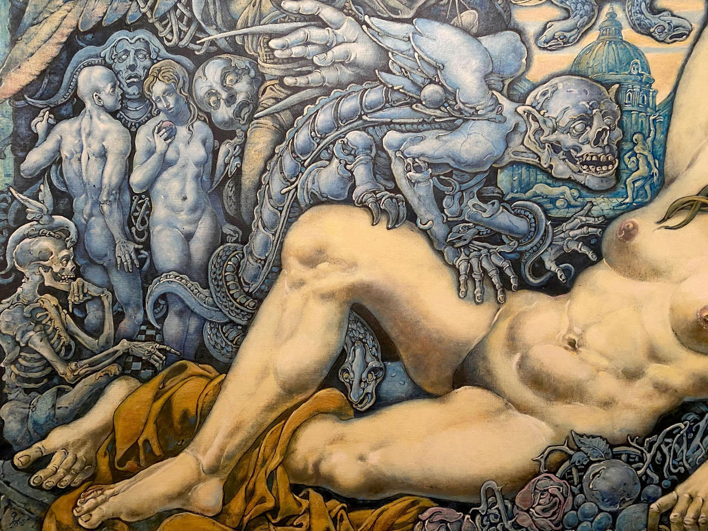 Oil painting by Litvinov Oleg Arkad’yevich: nude muscular figure under blue skeletal demons