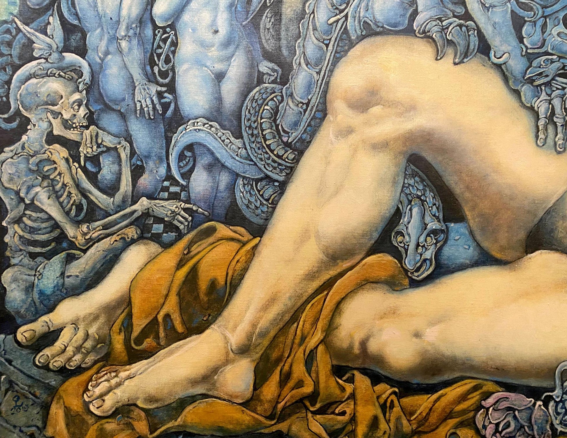 Oil painting by Dream Litvinov Oleg Arkad’yevich of bare muscular legs on orange fabric