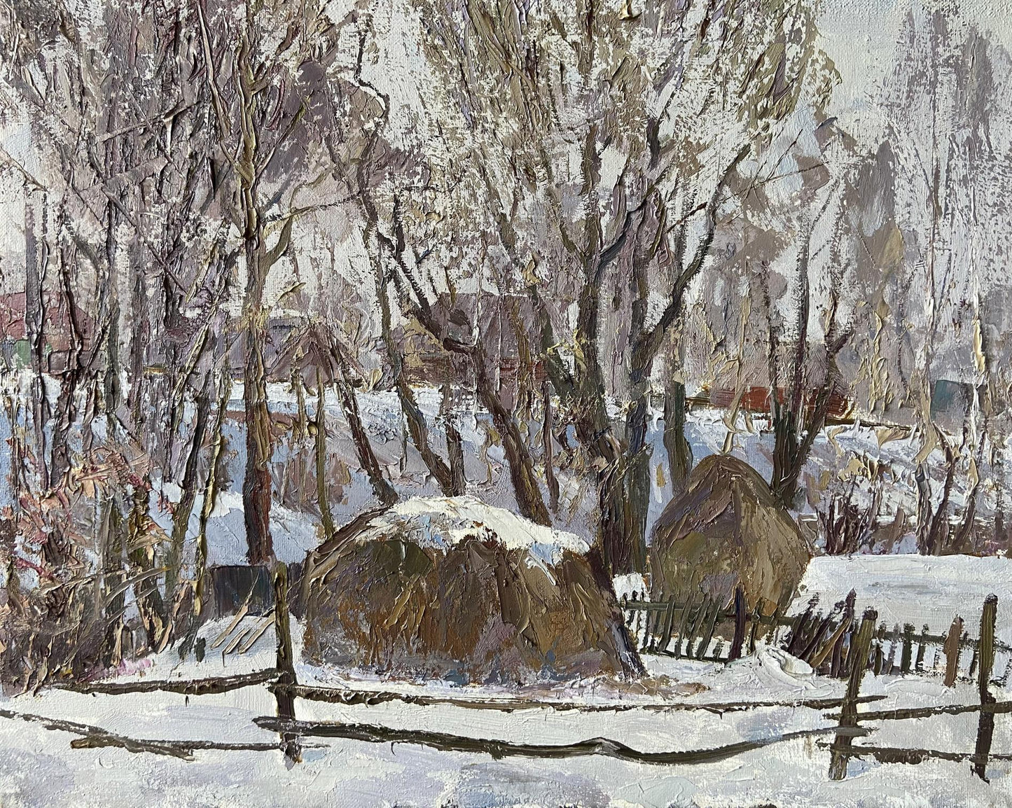 Snow-covered hay bales among bare trees, oil painting by Gaponchenko Ivan Ivanovich