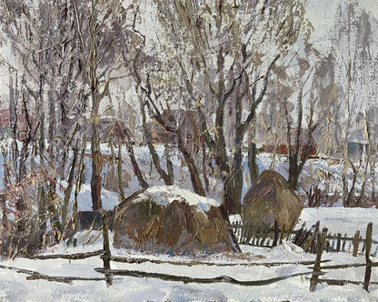 Snow-covered hay bales among bare trees, oil painting by Gaponchenko Ivan Ivanovich