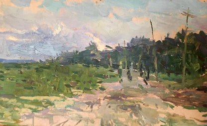 Impressionistic oil painting Near Kiev by Vadim Odainik, winding path in green fields