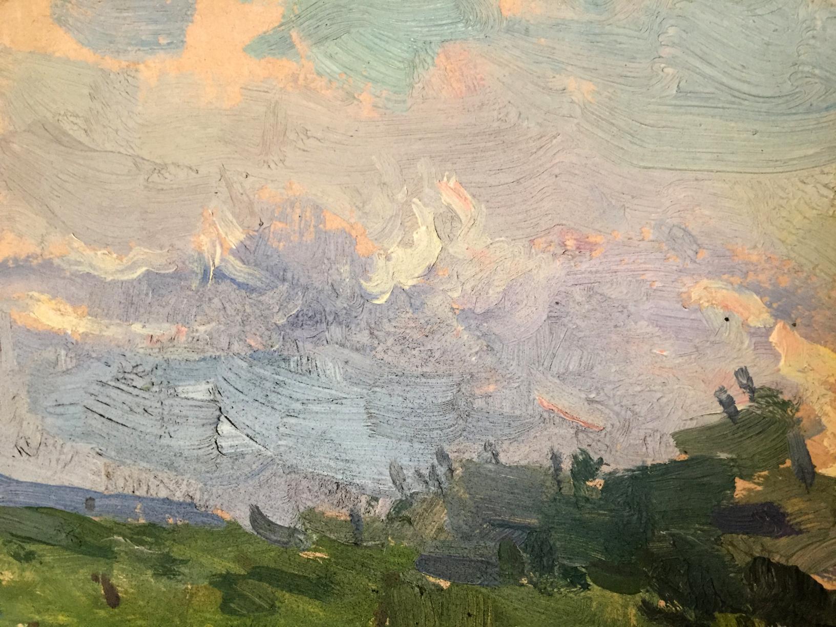 Impressionistic oil painting Near Kiev by Vadim Odainik with textured sky over green hill