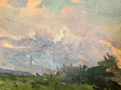 Impressionistic oil painting Near Kiev by Vadim Odainik with textured sky over green hill