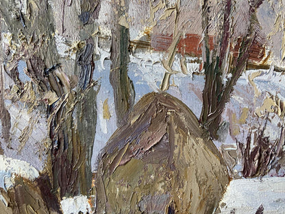 Textured earth-toned oil painting of snow-covered form by Gaponchenko Ivan Ivanovich