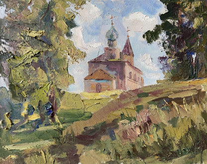 Oil painting by Gaponchenko Ivan Ivanovich: rustic stone church with green onion dome