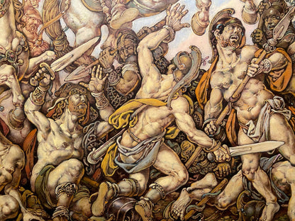 Oil painting of muscular warriors in chaotic battle by Litvinov Oleg Arkad’yevich