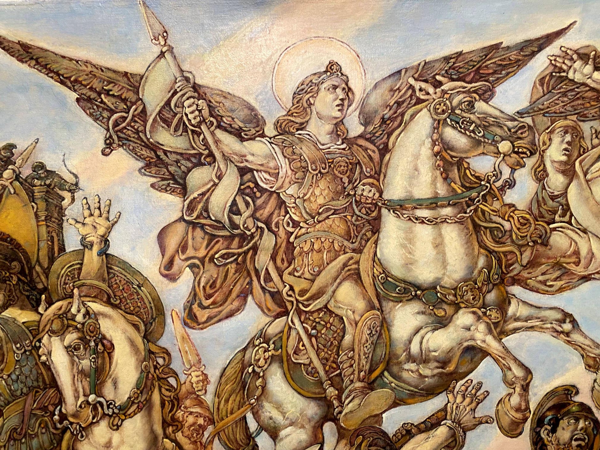 Golden-winged angel in ornate armor on white horse by Litvinov Oleg Arkad’yevich