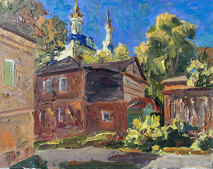 Vibrant impressionist oil painting by Gaponchenko Ivan Ivanovich of old courtyard village scene