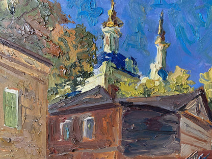 Vibrant impressionist oil painting by Gaponchenko Ivan Ivanovich of old courtyard church with golden domes under blue sky