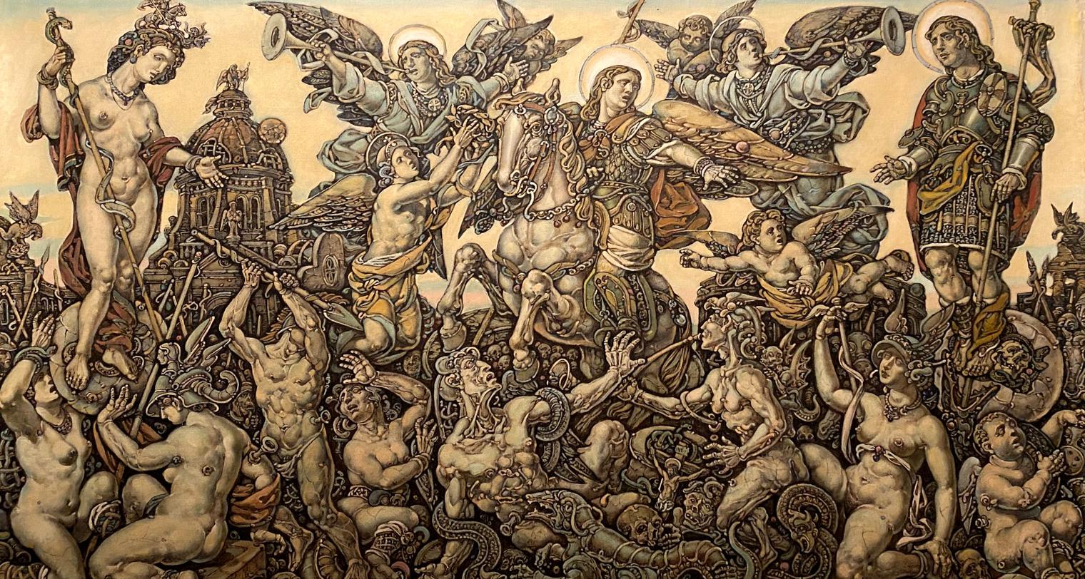 Sepia-toned mural of chaotic battle in Triumph of Saint George by Litvinov Oleg Arkad’yevich oil painting