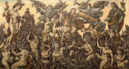 Sepia-toned mural of chaotic battle in Triumph of Saint George by Litvinov Oleg Arkad’yevich oil painting