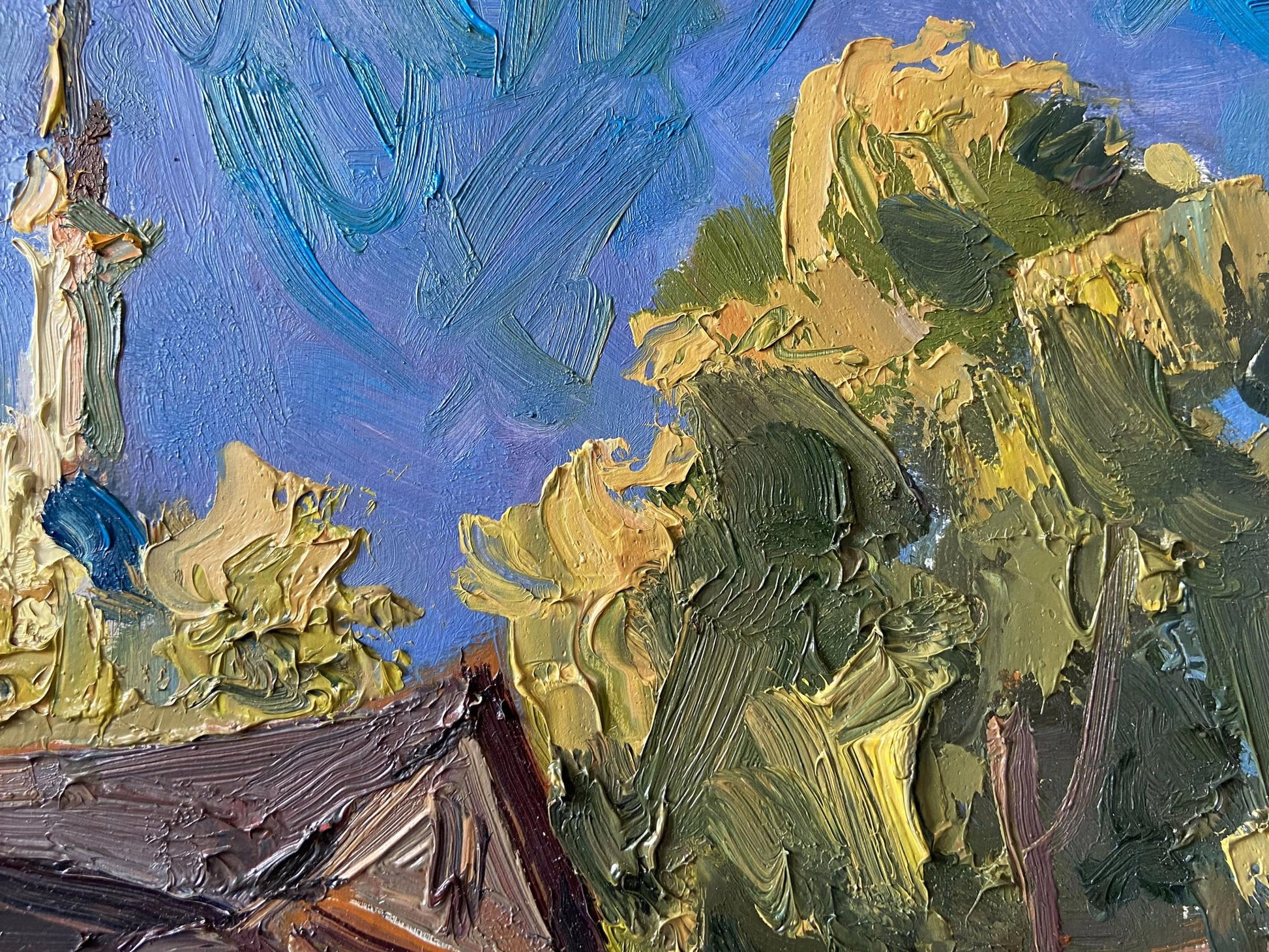Oil painting Old courtyard by Gaponchenko Ivan Ivanovich, blue sky and foliage