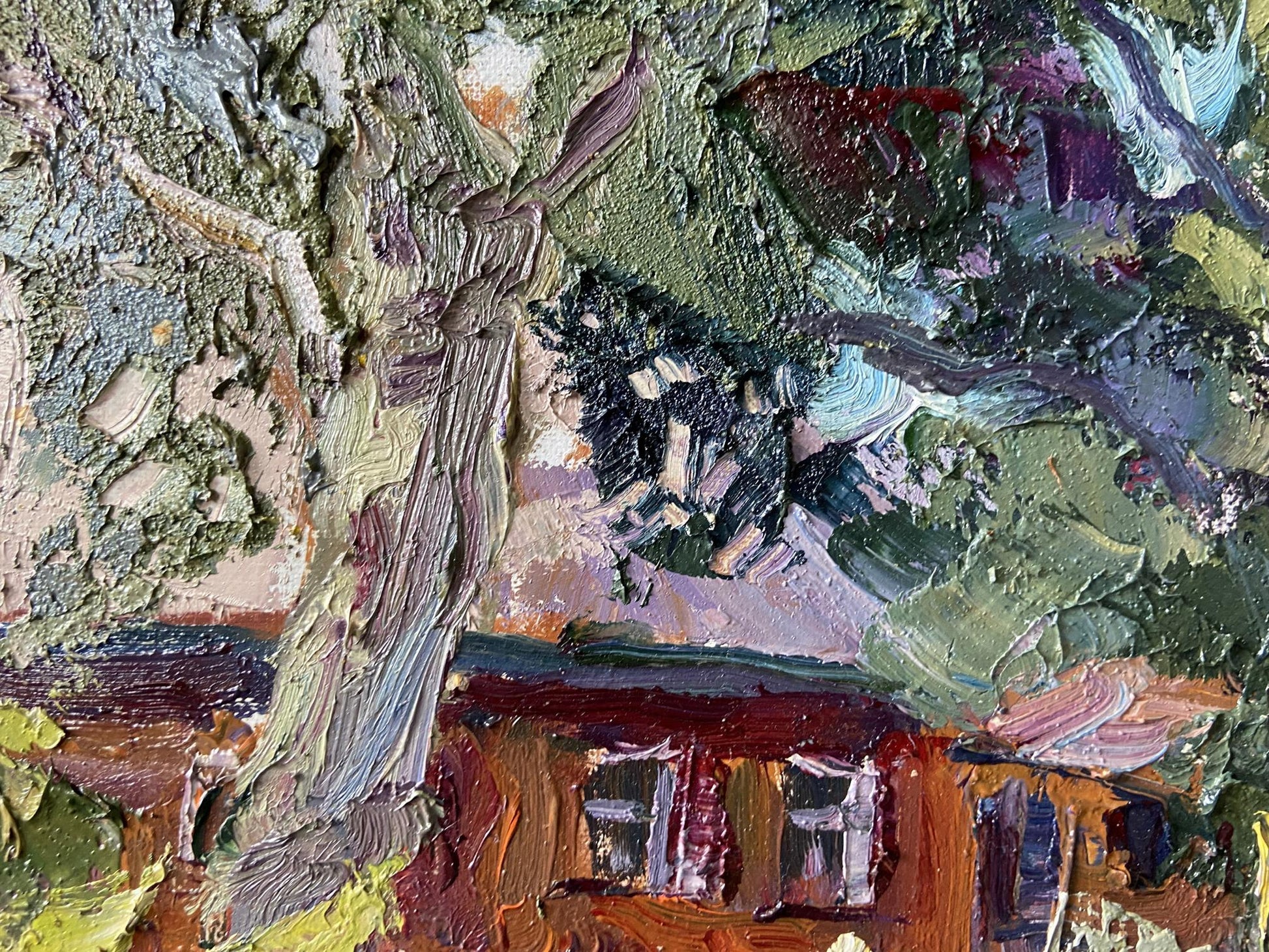 Oil painting In the shadow by Gaponchenko Ivan Ivanovich, textured tree over roof