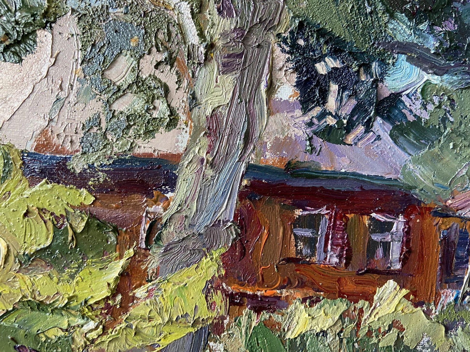 Impasto oil painting In the Shadow by Gaponchenko Ivan Ivanovich, rustic house in lush greenery
