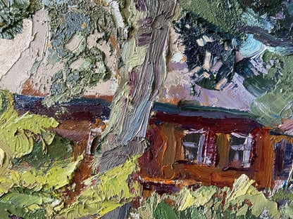 Impasto oil painting In the Shadow by Gaponchenko Ivan Ivanovich, rustic house in lush greenery