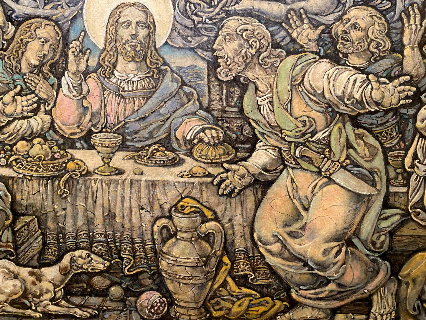 Detailed ornate stone urn with handles and lid in Litvinov Oleg Arkadyevich Last Supper oil painting